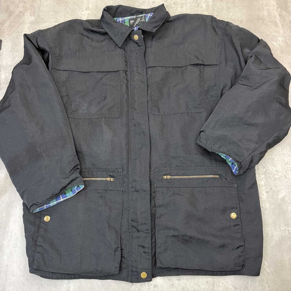 Vtg Nordstrom Point of View Jacket Womens L Black Nylon Plaid Lined Field Coat